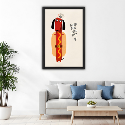 Framed funny hot dog dachshund canvas wall art held by a smiling woman in a bright room.