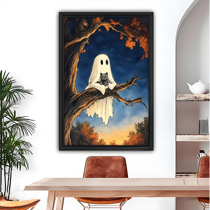 Framed ghost cat canvas wall art showing a friendly spirit with a black cat on a tree branch