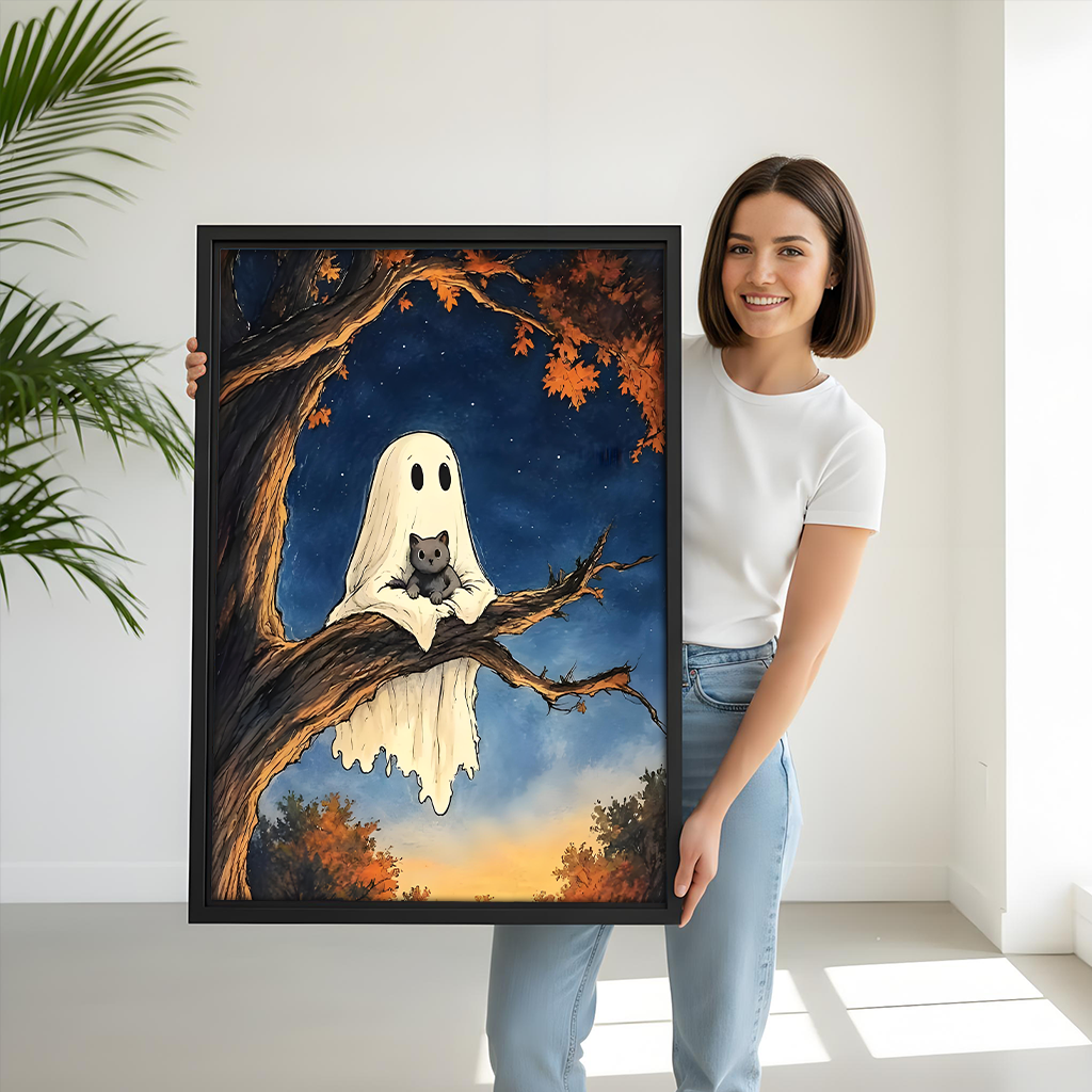 Framed ghost cat wall art with a friendly spirit and black cat beside a colorful bunk bed