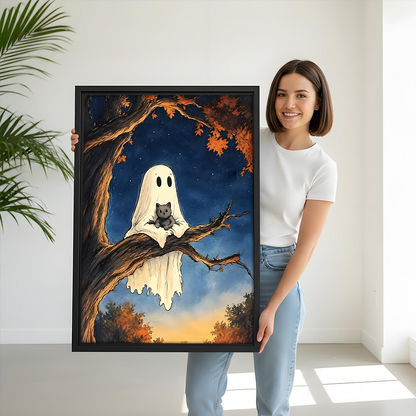 Framed ghost cat wall art with a friendly spirit and black cat beside a colorful bunk bed