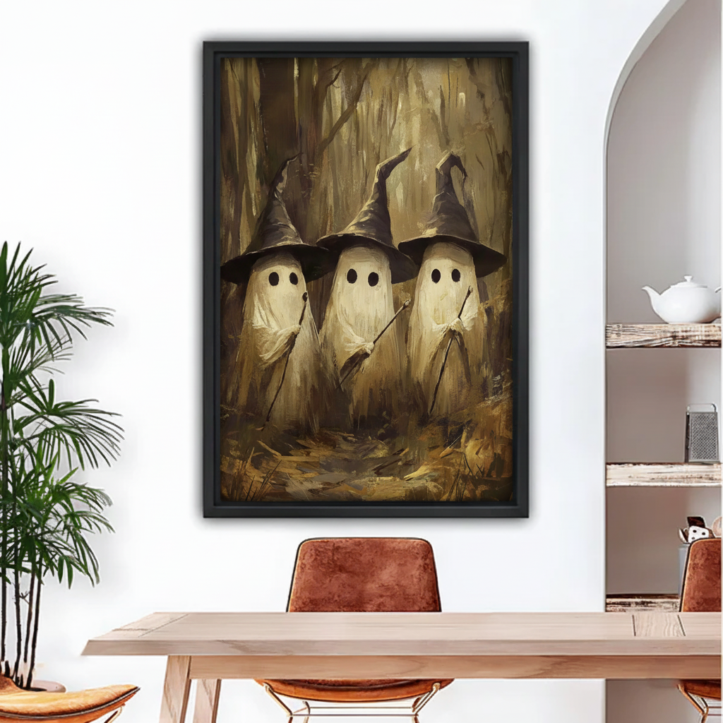 Framed whimsical ghost witches canvas wall art displayed beside a dining table in a bright interior.