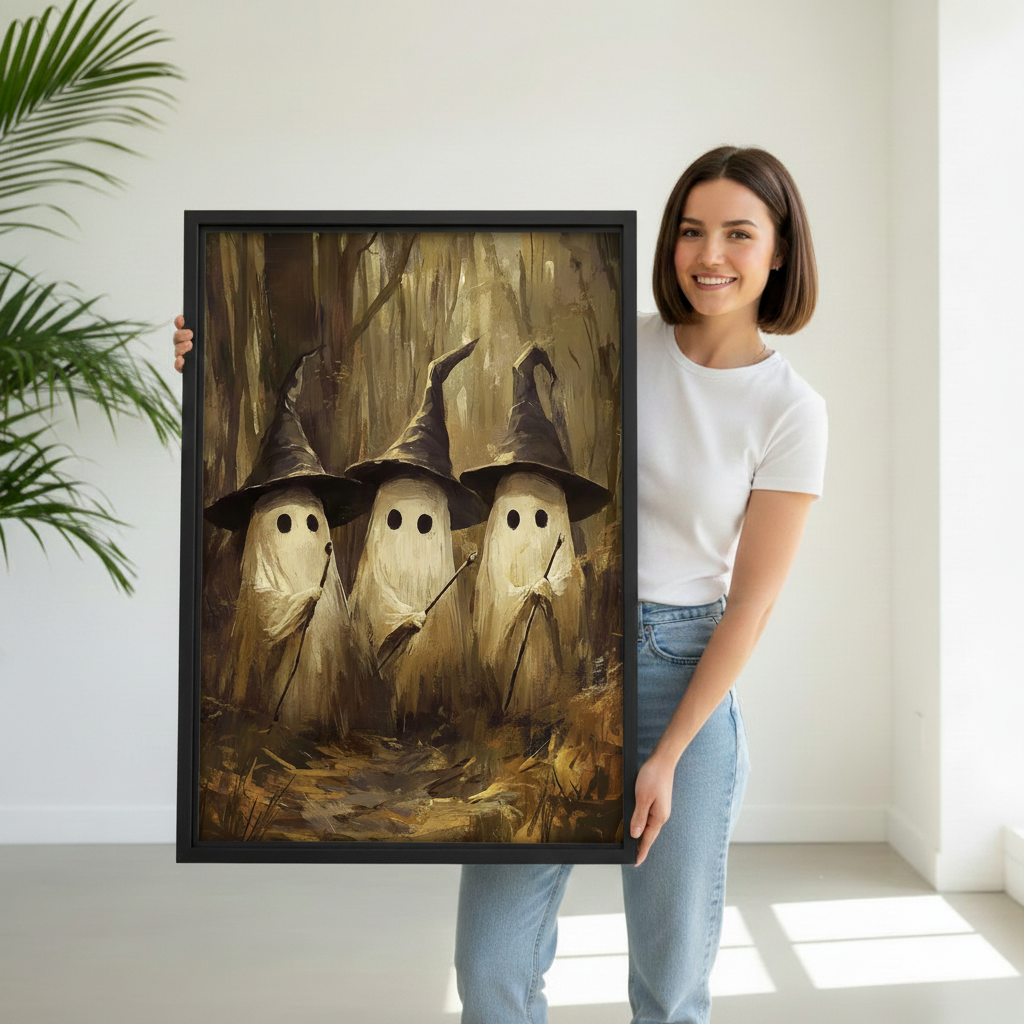 Woman holding framed ghost witches canvas art to demonstrate its vertical scale and woodland details.