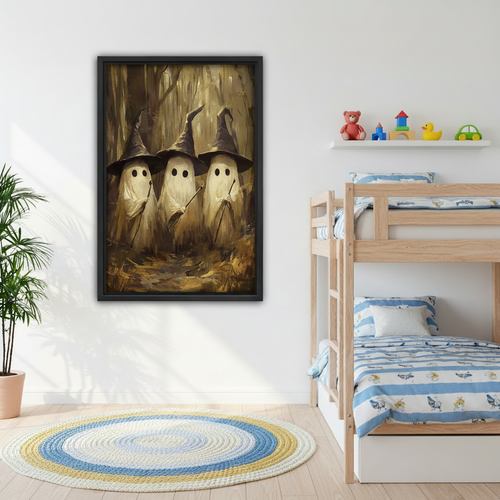 Framed whimsical ghost witches wall art displayed beside wooden bunk beds in a bright children’s room.