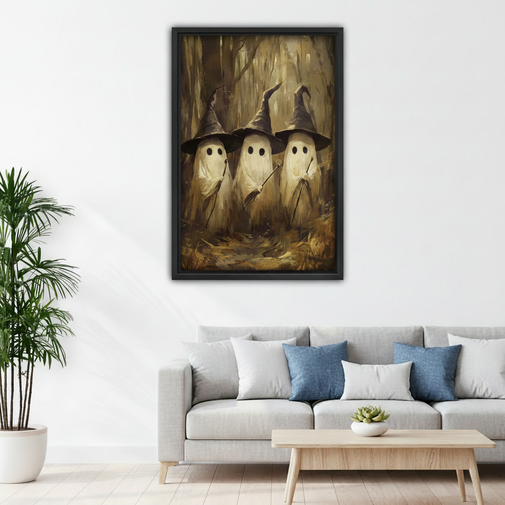 Framed ghost witches canvas wall art displayed above a white sofa with blue accent pillows.