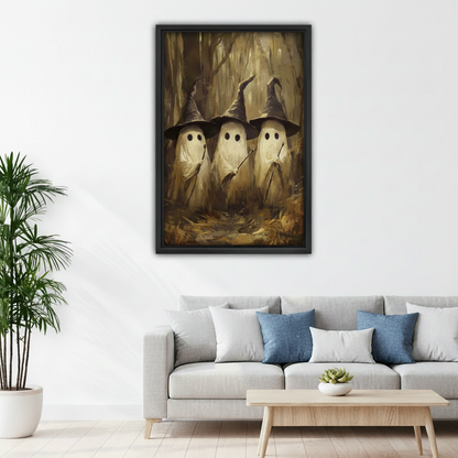 Framed ghost witches canvas wall art displayed above a white sofa with blue accent pillows.