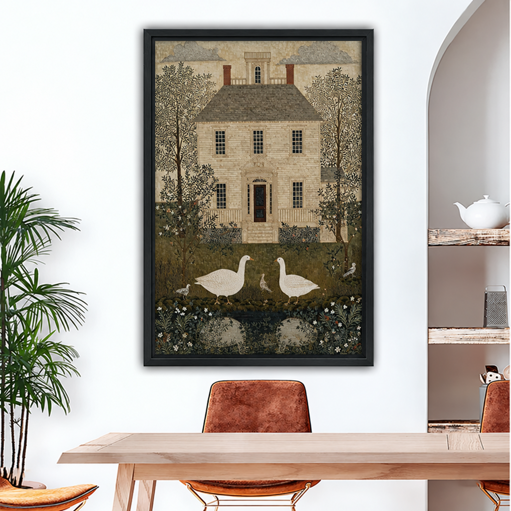 Framed goose house canvas wall art displayed above a dining table.