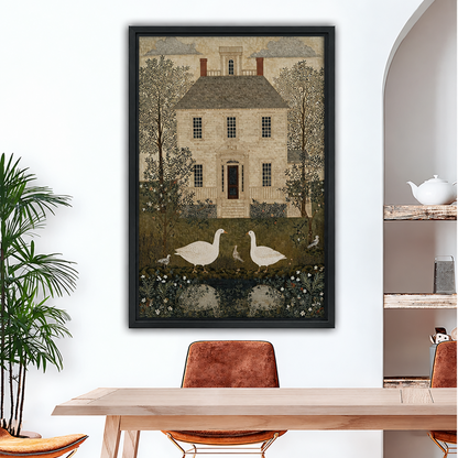 Framed goose house canvas wall art displayed above a dining table.