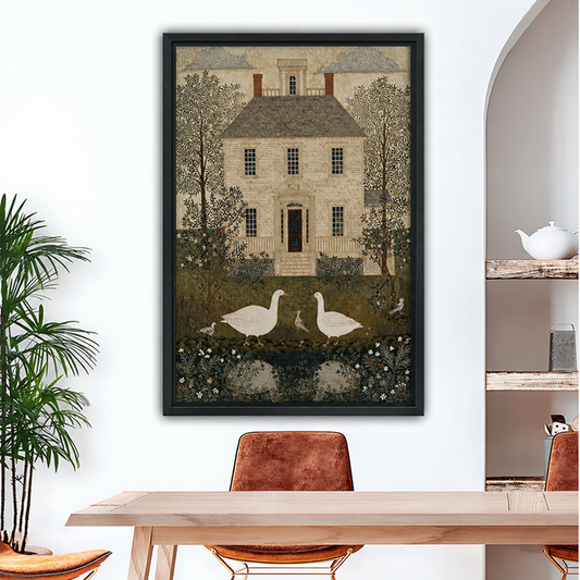 Framed goose house canvas wall art displayed above a dining table.