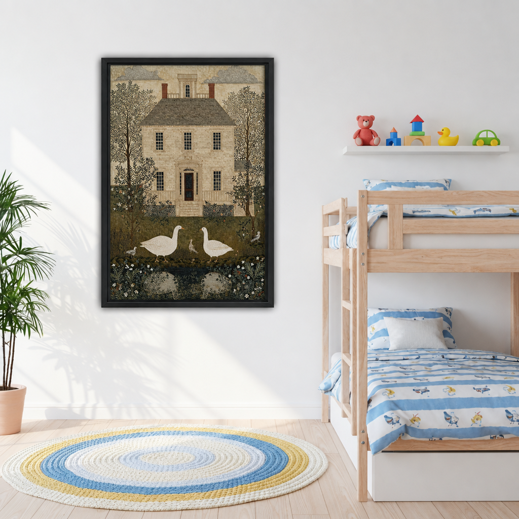 Framed goose house canvas wall art displayed beside a bunk bed in a kids' bedroom.