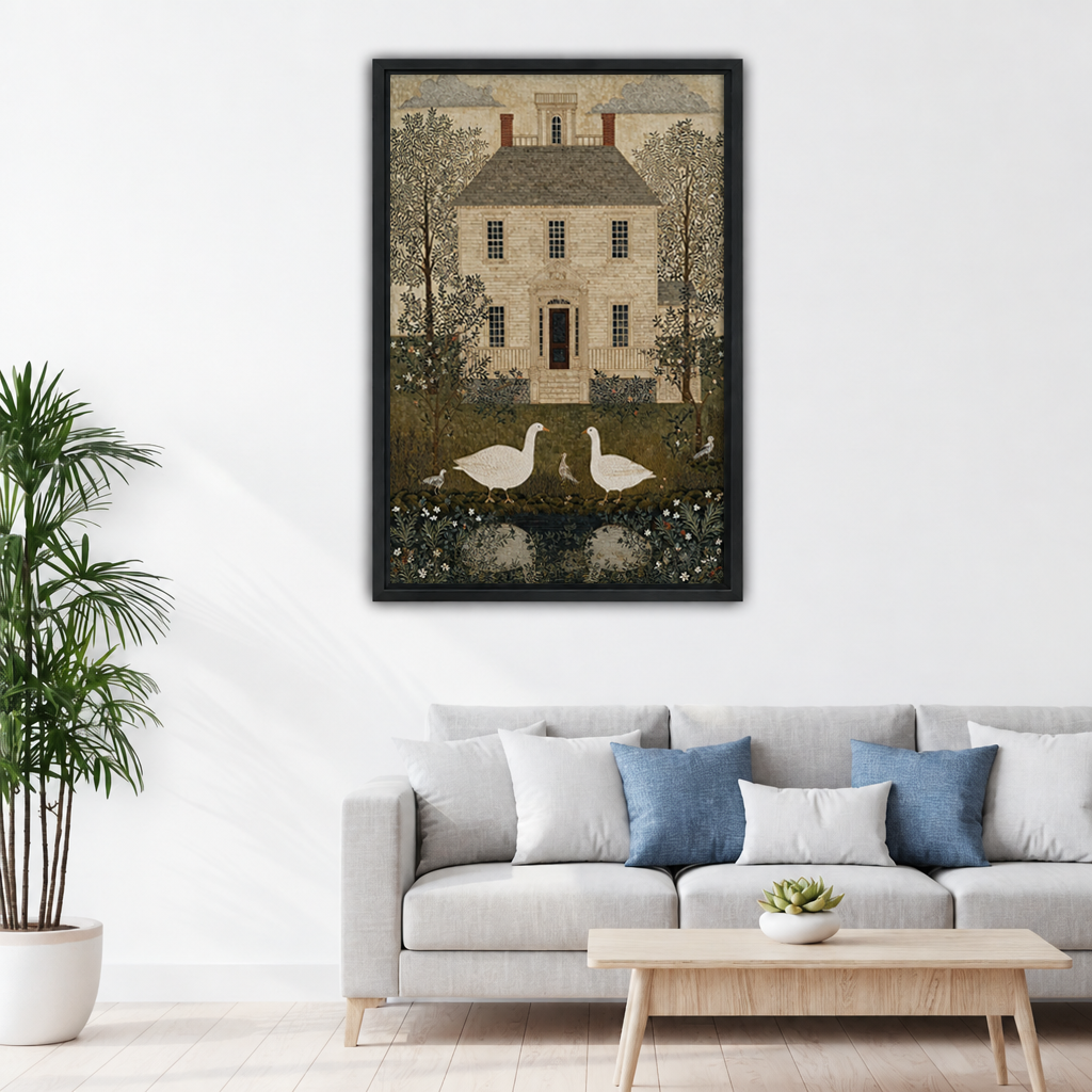 Framed goose house canvas wall art displayed above a sofa in a living room.