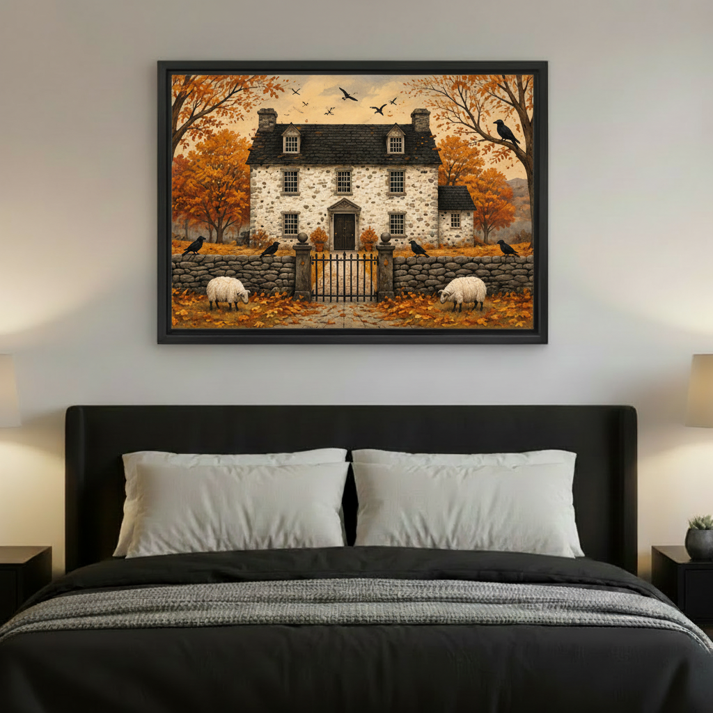 Framed gothic autumn manor house canvas wall art displayed above a bed in a dark bedroom