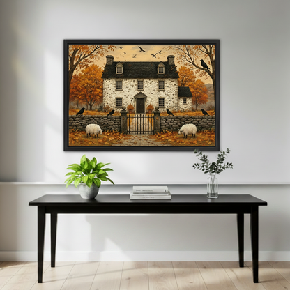 Framed gothic autumn manor house canvas wall art displayed above a black console table with plants