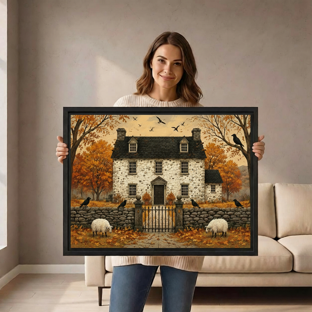 Woman holding framed gothic autumn manor house canvas wall art in a bright living room