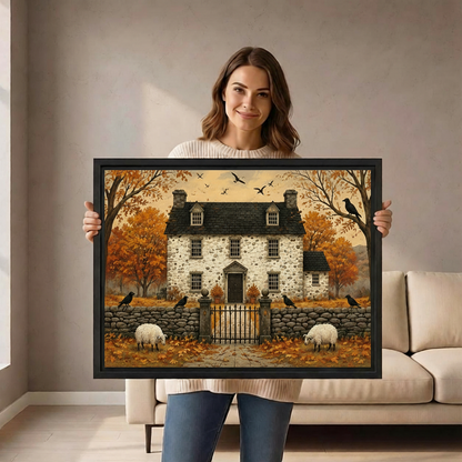 Woman holding framed gothic autumn manor house canvas wall art in a bright living room