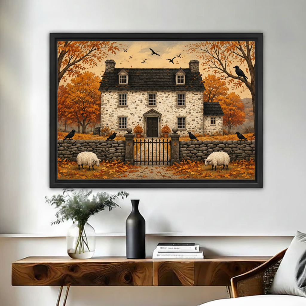 Framed gothic autumn manor house canvas wall art displayed above a wooden console table with plants