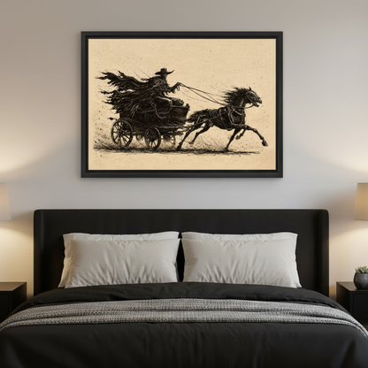 Framed gothic grim reaper carriage canvas wall art displayed above a bed in a dark bedroom