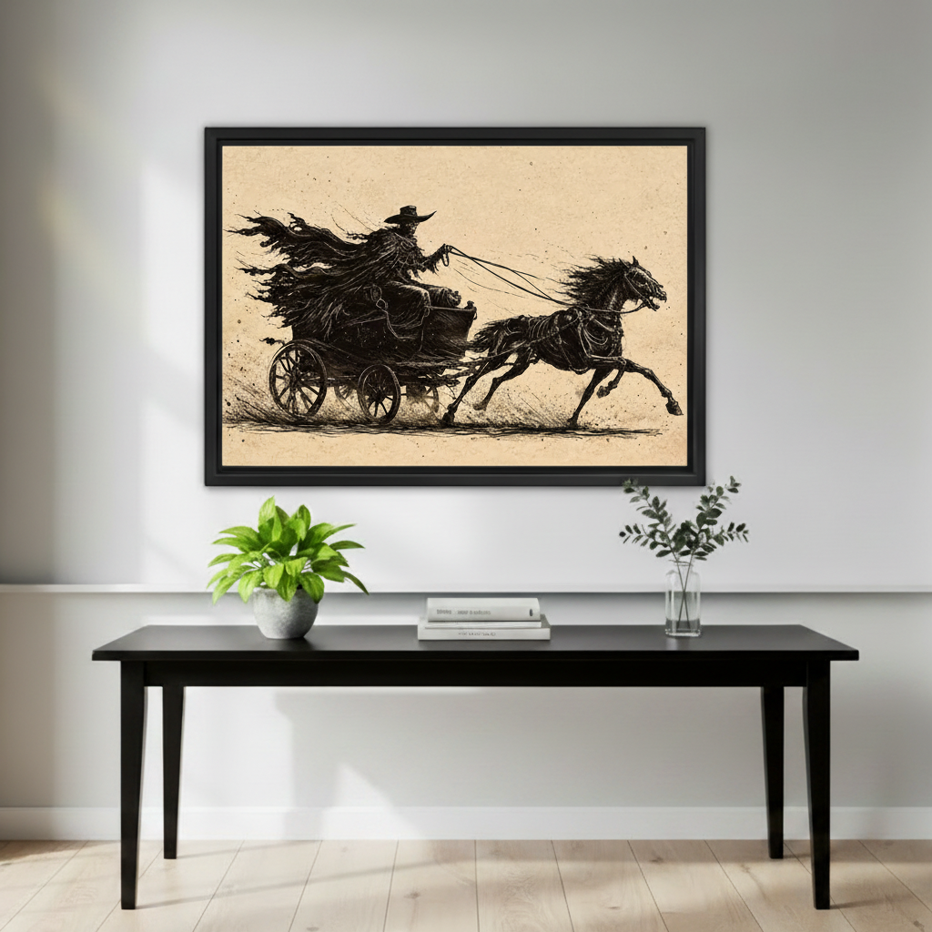Framed gothic grim reaper carriage canvas wall art displayed above a black console table with plants