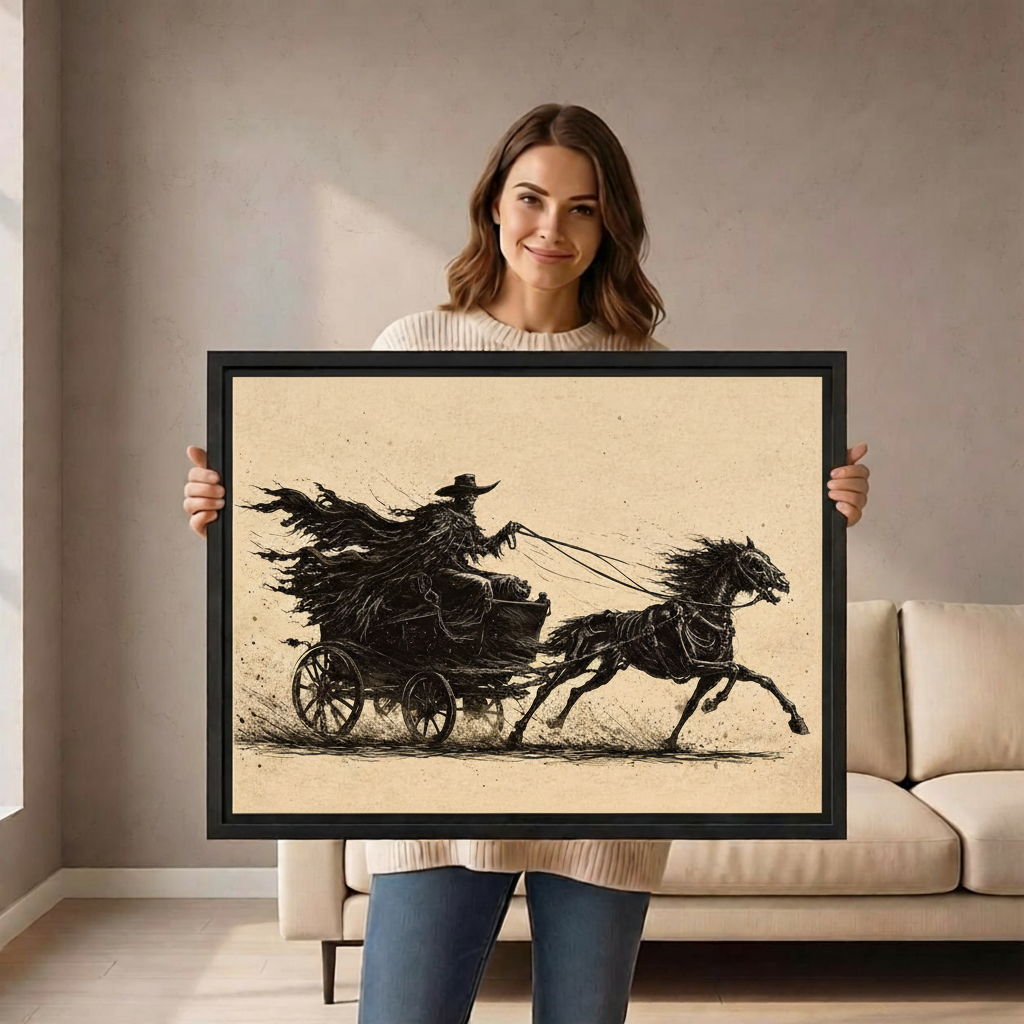 Woman holding framed gothic grim reaper carriage canvas wall art in a bright living room