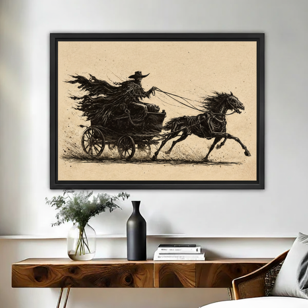 Framed gothic grim reaper carriage canvas wall art displayed above a wooden console table with plants