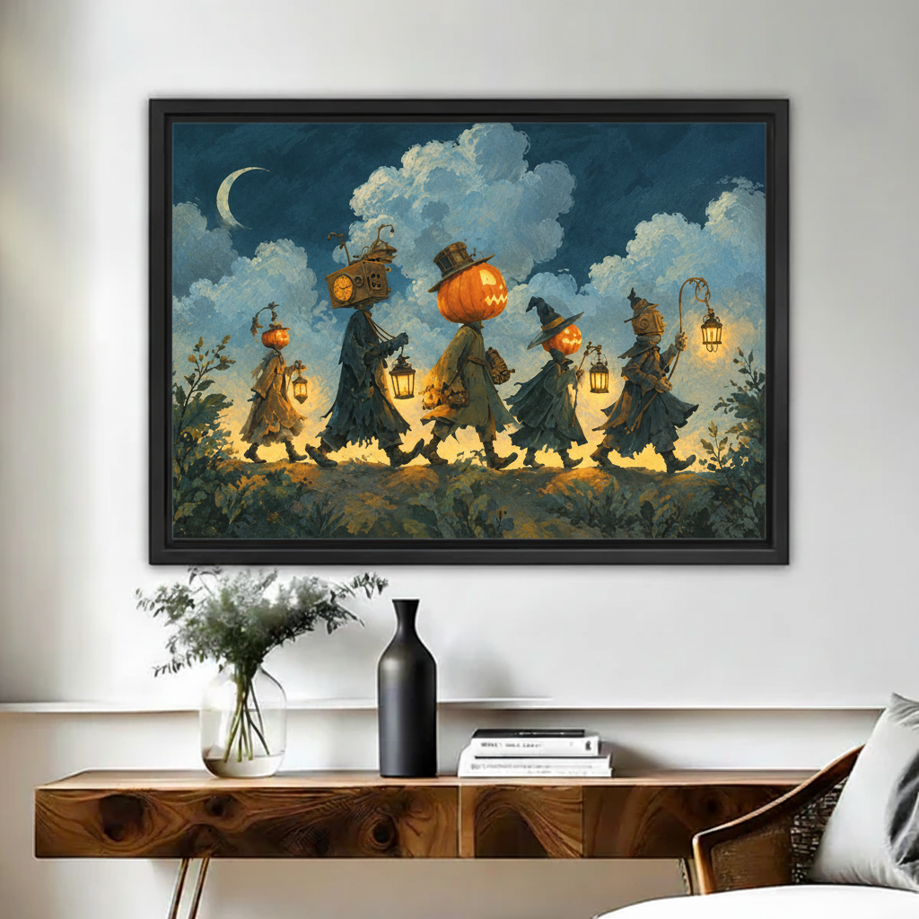 Framed gothic Halloween witch parade canvas wall art displayed above a bed in a dark bedroom