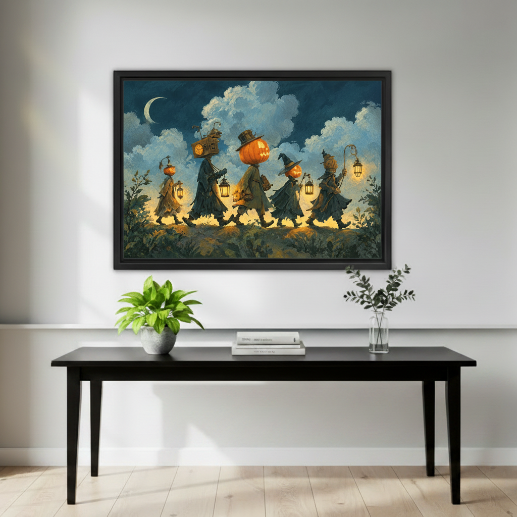 Framed gothic Halloween witch parade canvas wall art displayed above a black console table with plants