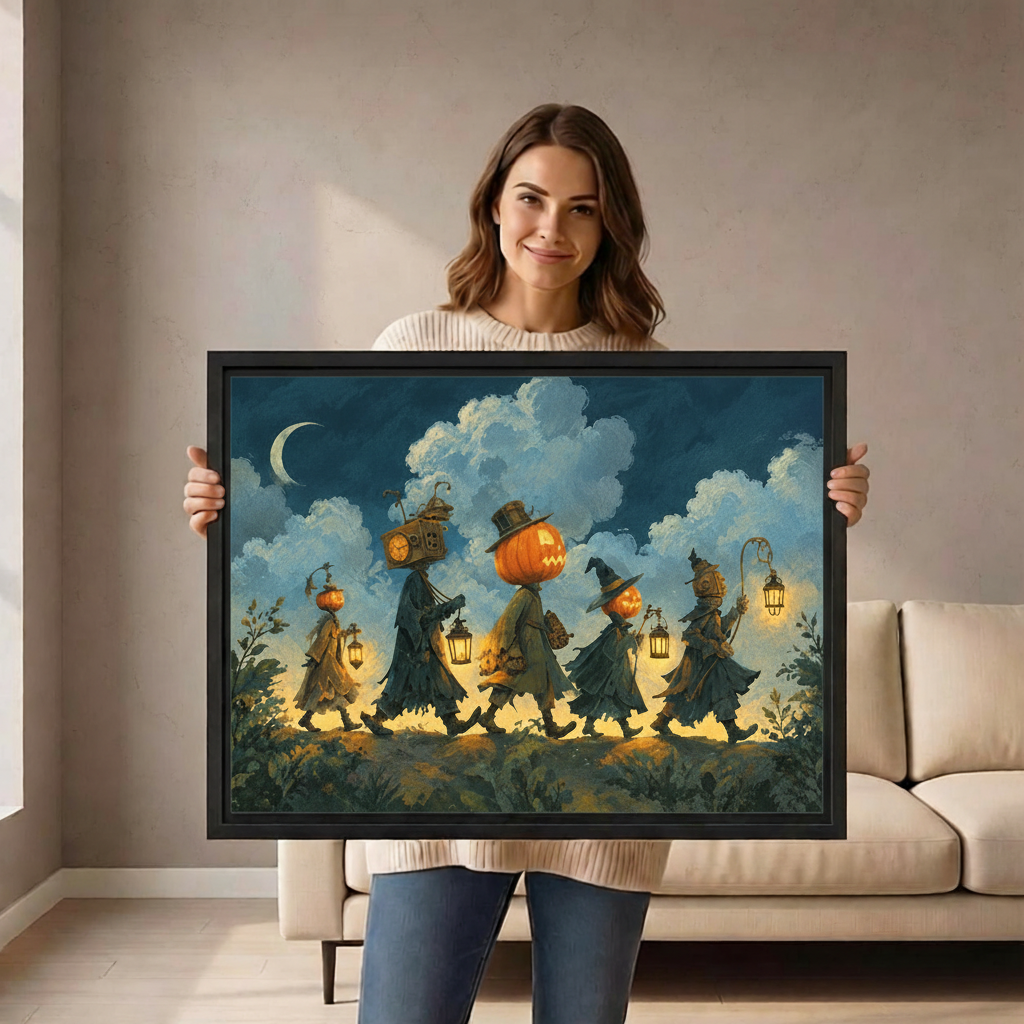 Woman holding framed gothic Halloween witch parade canvas wall art beneath a moonlit blue sky