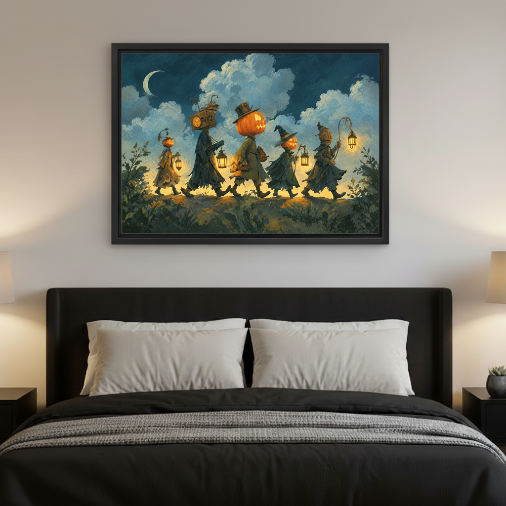 Framed gothic Halloween witch parade canvas wall art displayed above a bed in a dark bedroom