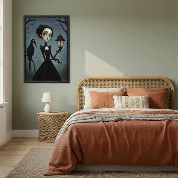 Gothic raven Halloween canvas wall art with a lantern-lit woman displayed on a bright wall