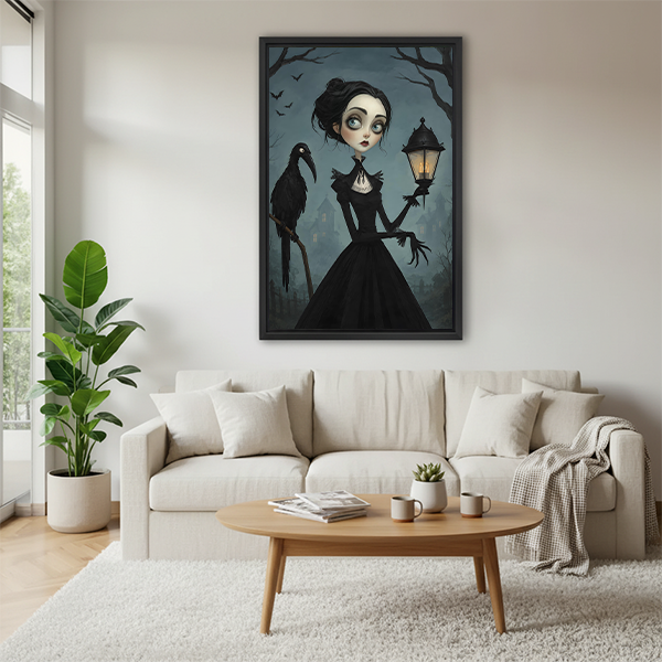 Framed gothic raven Halloween canvas wall art with a lantern-lit woman above a warm neutral bed