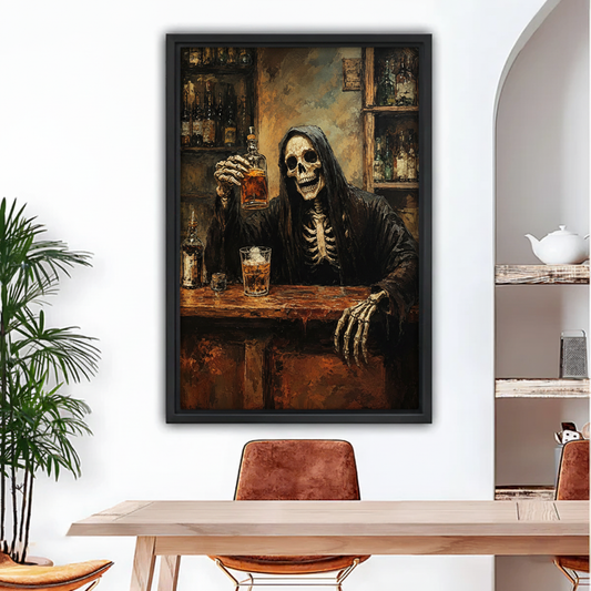 Framed gothic skeleton bartender canvas wall art above a dining table with tropical greenery