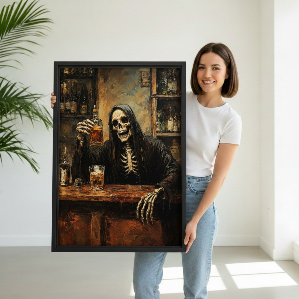 Woman holding framed gothic skeleton bartender canvas wall art in a bright minimalist interior