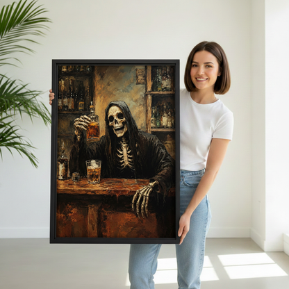 Woman holding framed gothic skeleton bartender canvas wall art in a bright minimalist interior