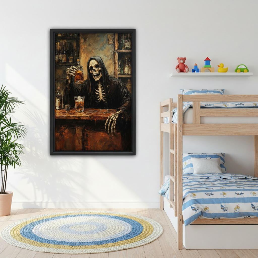 Framed gothic skeleton bartender canvas wall art adding dramatic character to a bright children's bedroom