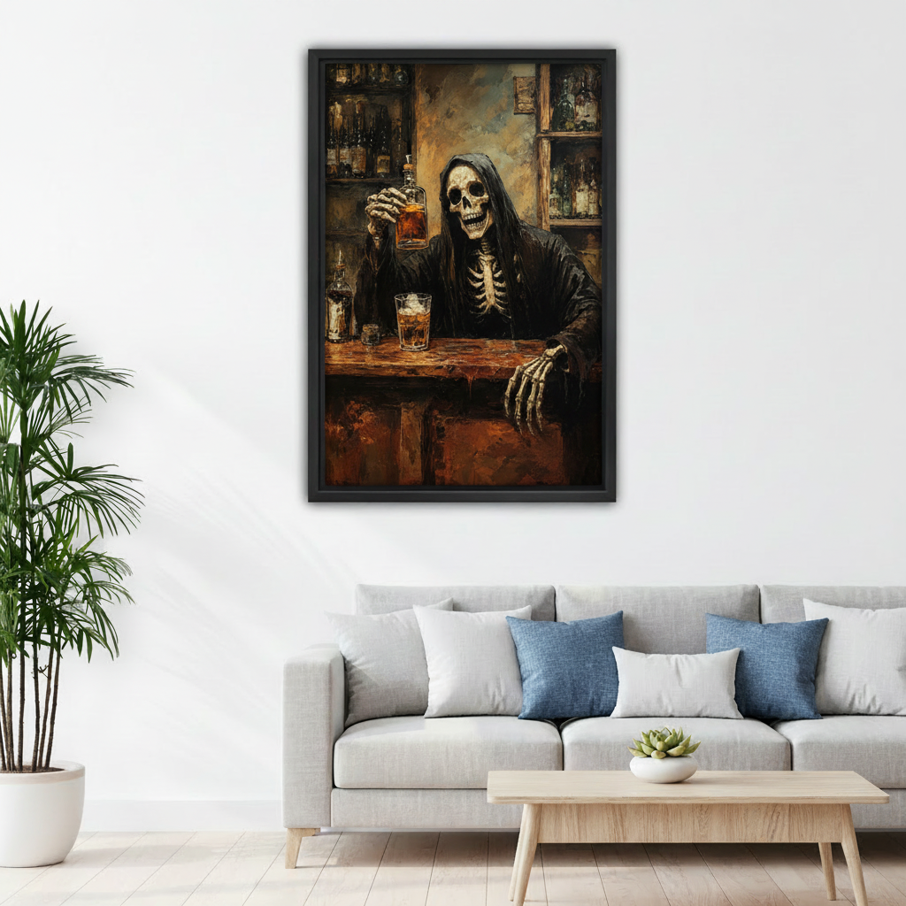 Framed gothic skeleton bartender canvas wall art above a modern sofa in a bright living room
