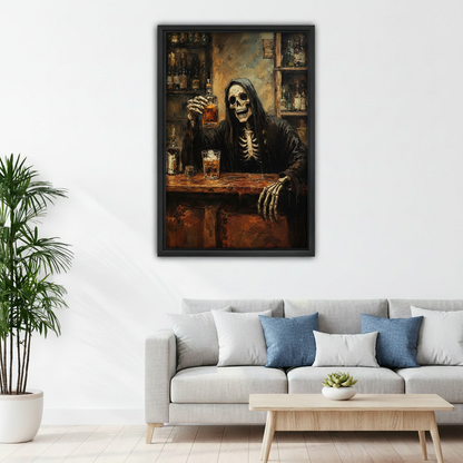 Framed gothic skeleton bartender canvas wall art above a modern sofa in a bright living room