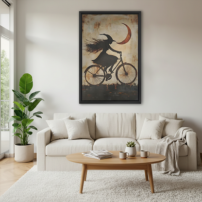 Framed gothic witch bicycle canvas wall art displayed between leafy plants in a bright modern room