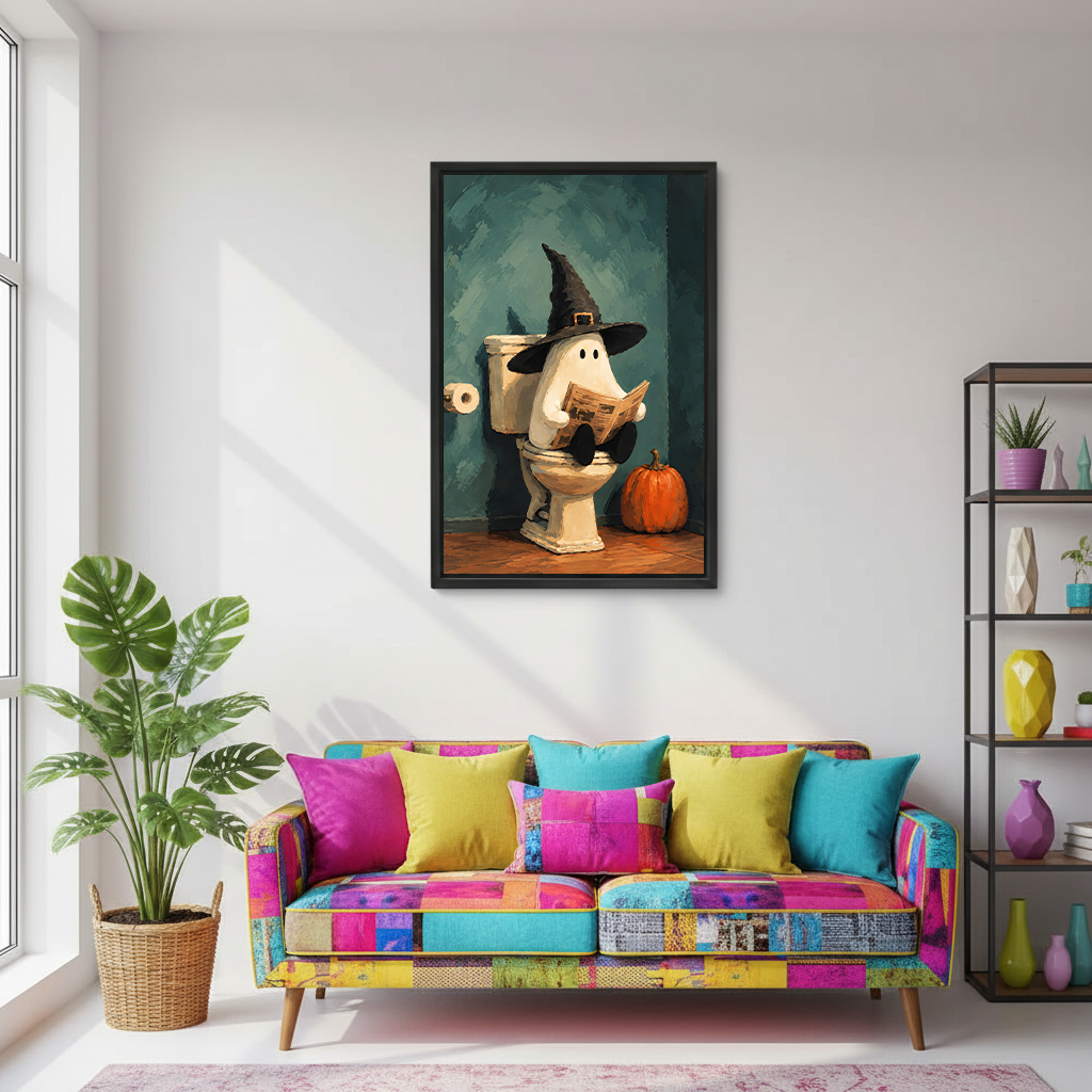 Framed Halloween ghost bathroom canvas wall art displayed above a colorful sofa in a bright living room
