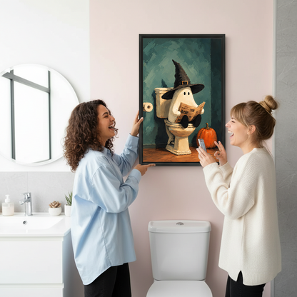 Framed Halloween ghost bathroom canvas wall art with a witch hat and pumpkin above a tiled toilet