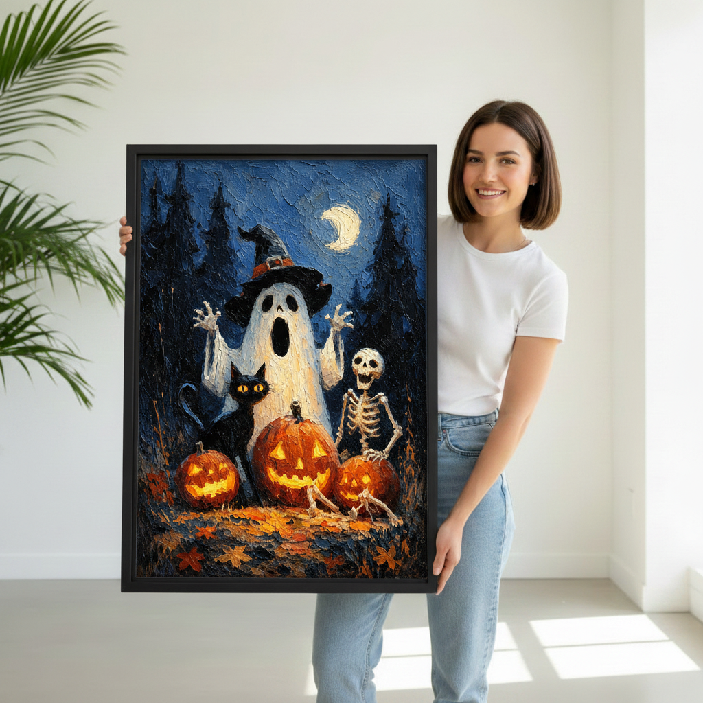 Woman holding framed Halloween ghost canvas art to demonstrate its vertical scale and detailed spooky scene.
