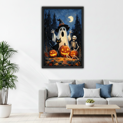 Framed Halloween ghost canvas wall art displayed above a white sofa with blue accent pillows.
