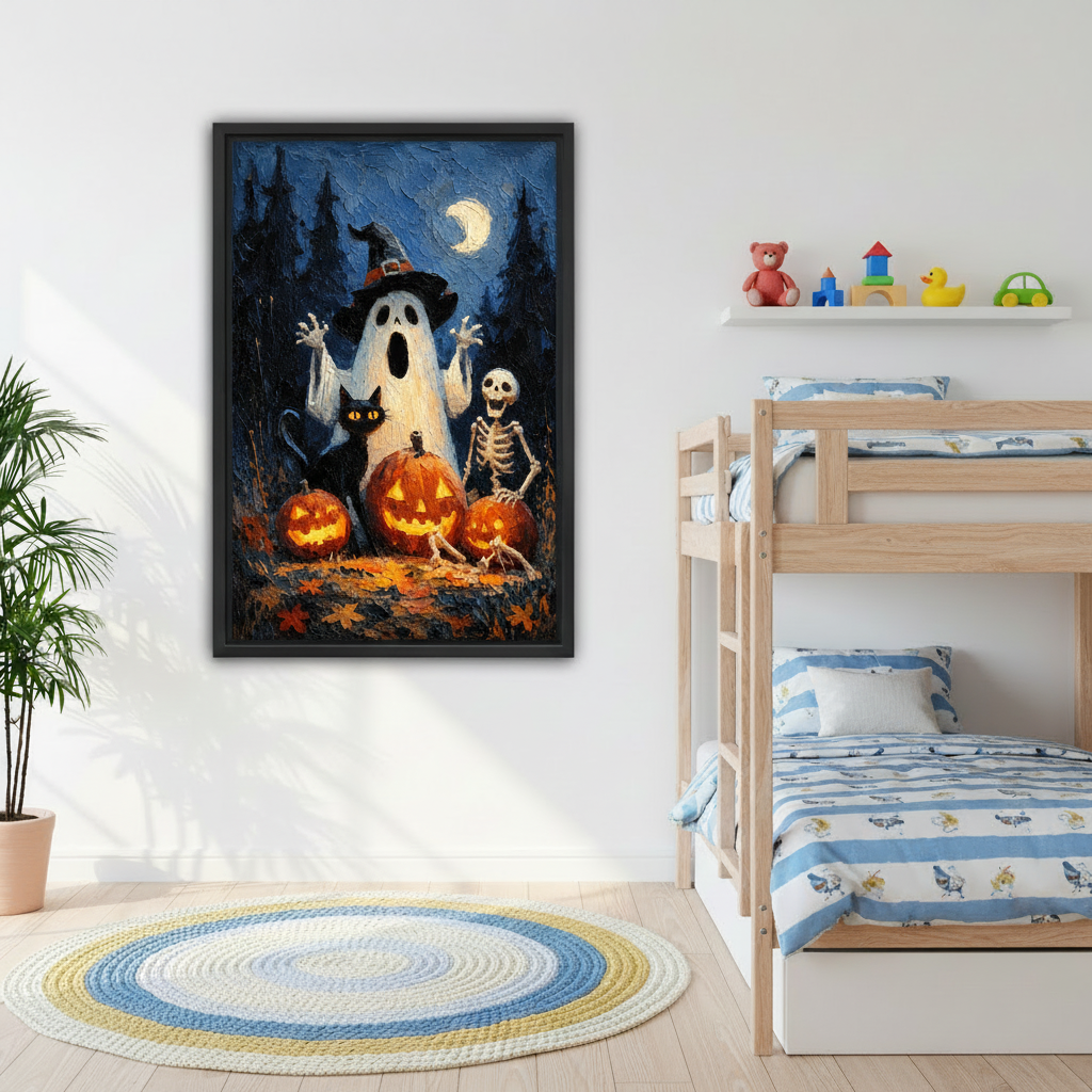 Framed Halloween ghost canvas wall art with a skeleton, black cat, and glowing pumpkins displayed beside wooden bunk beds.