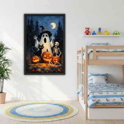 Framed Halloween ghost canvas wall art with a skeleton, black cat, and glowing pumpkins displayed beside wooden bunk beds.