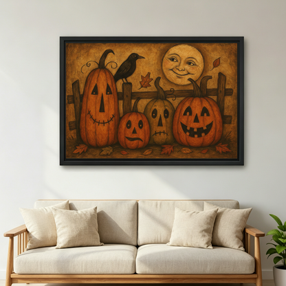 Framed Halloween pumpkins canvas wall art featuring a crow and harvest moon above a cream sofa.