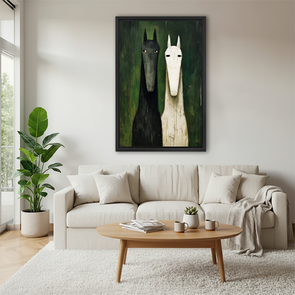 Framed abstract horse duo wall art hung above beige sofa in bright Scandinavian-style living room, modern home decor