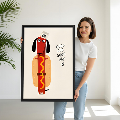 Framed hot dog dachshund canvas wall art displayed beside a bunk bed in a playful bedroom.