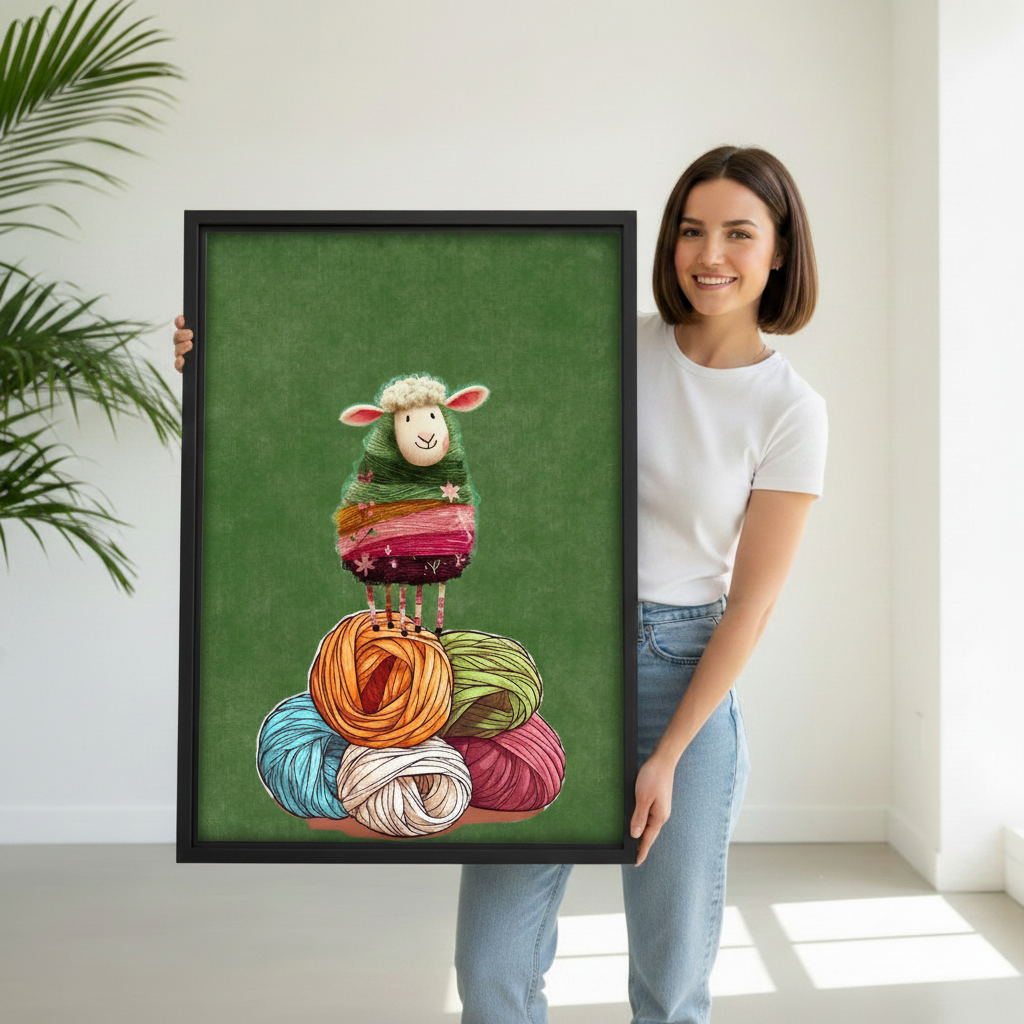 Woman holding framed knitting sheep canvas art to demonstrate its vertical scale and colorful yarn details.
