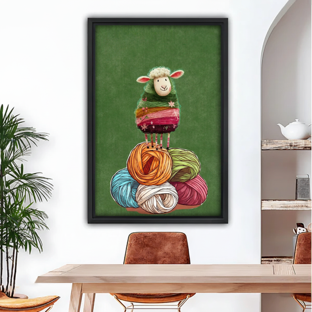 Framed whimsical knitting sheep canvas wall art displayed beside a dining table in a bright interior.