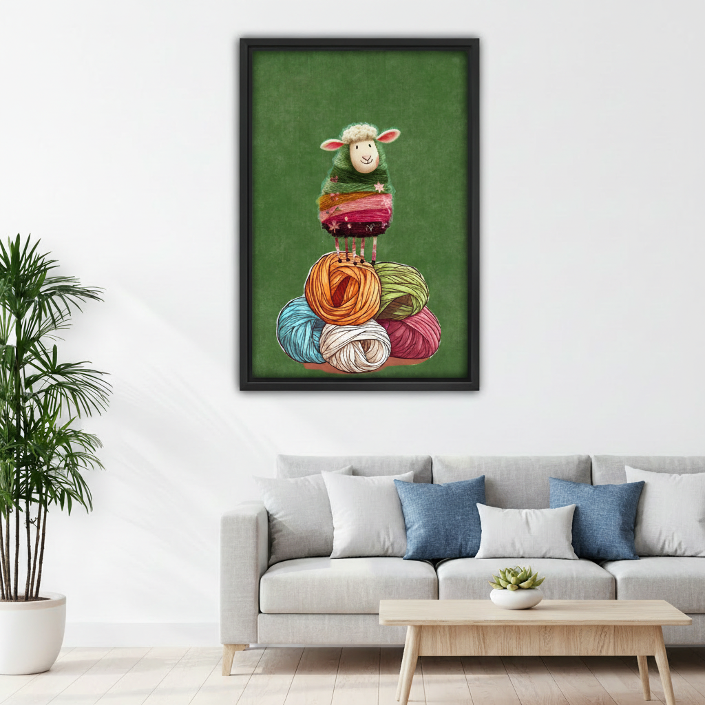 Framed knitting sheep canvas wall art displayed above a white sofa with blue accent pillows.