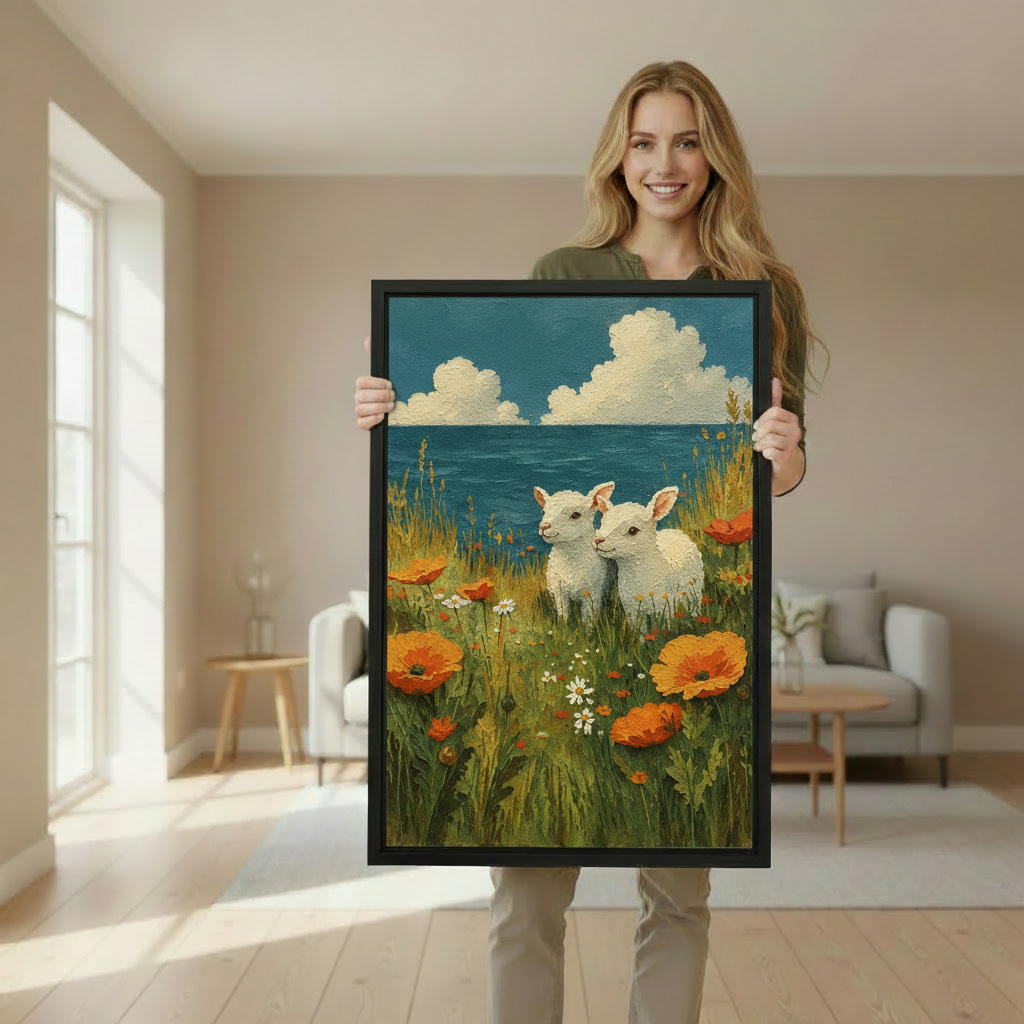 Woman holding framed lambs in wildflowers canvas wall art to demonstrate its vertical size and appearance.