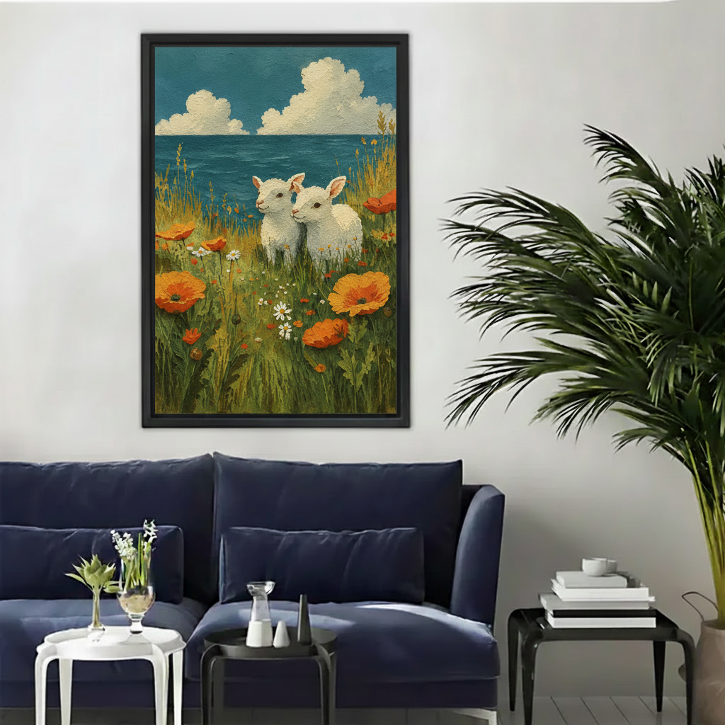 Framed lambs in wildflowers canvas wall art with orange poppies and a peaceful coastal view.